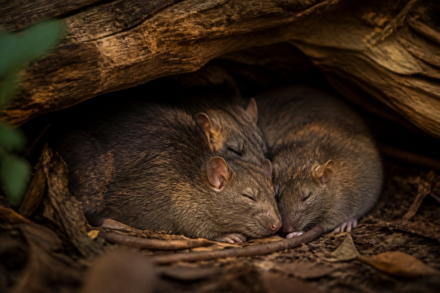 Several rats resting peacefully together in a natural outdoor setting during twilight.