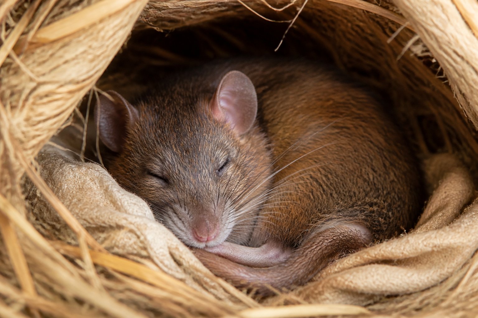 A small brown rat curled up and sleeping inside a cozy nest made of straw and fabric.