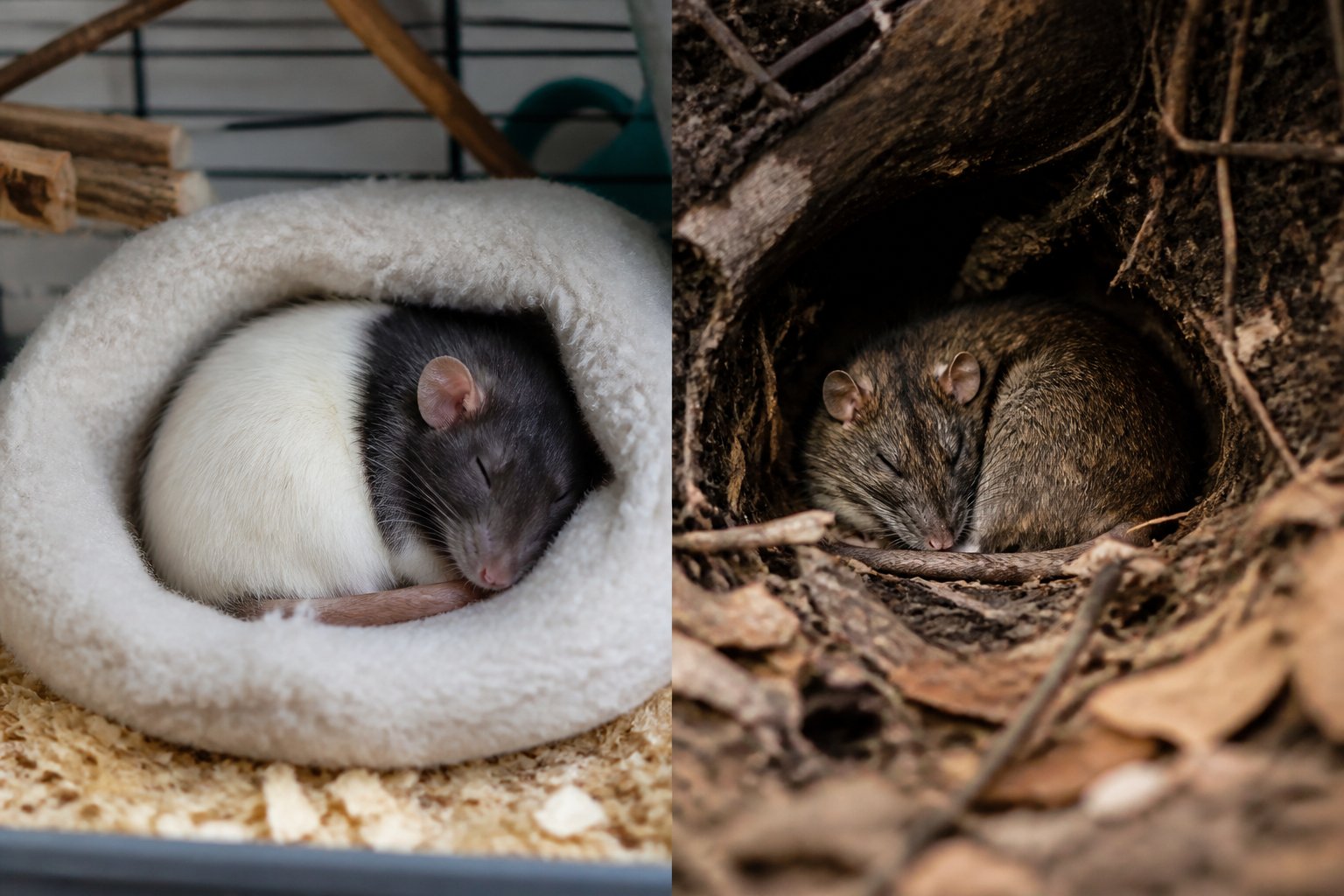 A pet rat sleeping peacefully in a cozy indoor nest beside a wild rat resting in a natural outdoor environment under leaves and dirt.