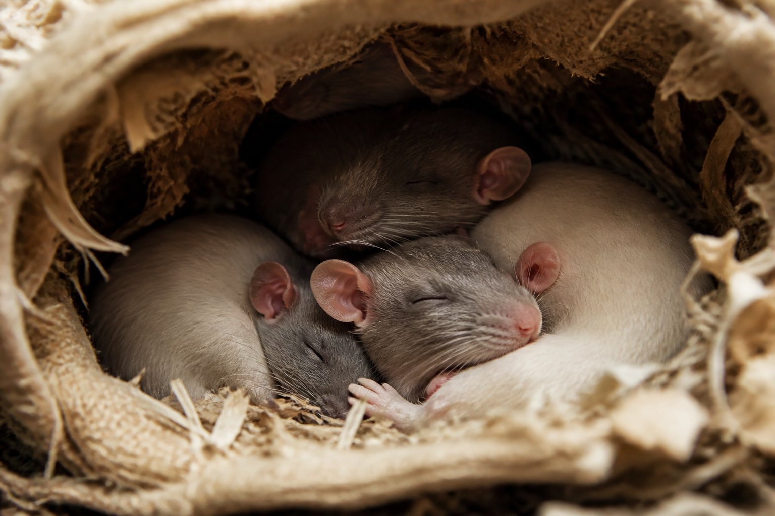 A group of rats sleeping peacefully curled up together in a cozy nest inside a small burrow.