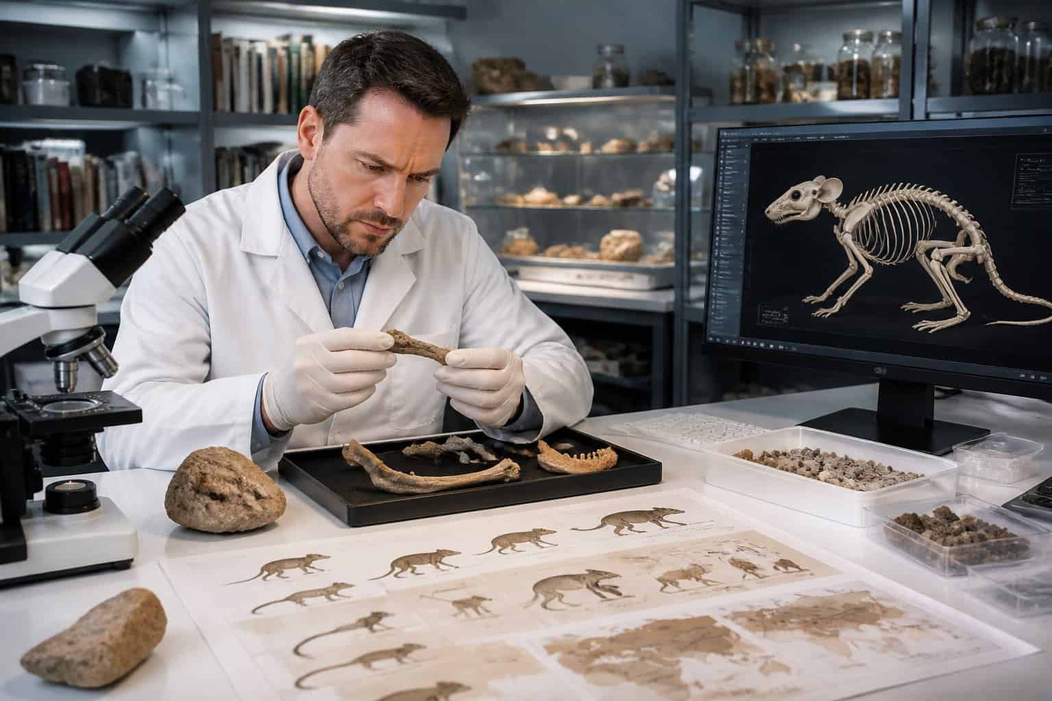 A scientist in a lab coat examines fossilized rat bones and evolutionary charts in a laboratory setting.