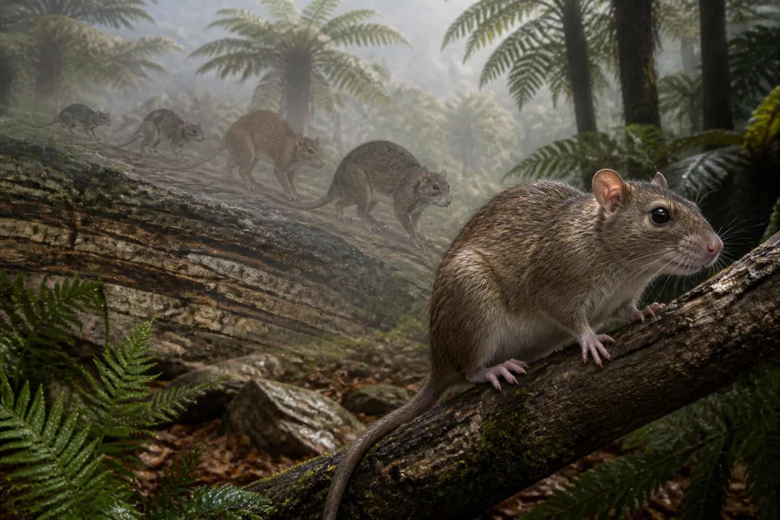 A realistic modern rat on a tree branch with faded images of ancestral rats behind it in a prehistoric forest setting.