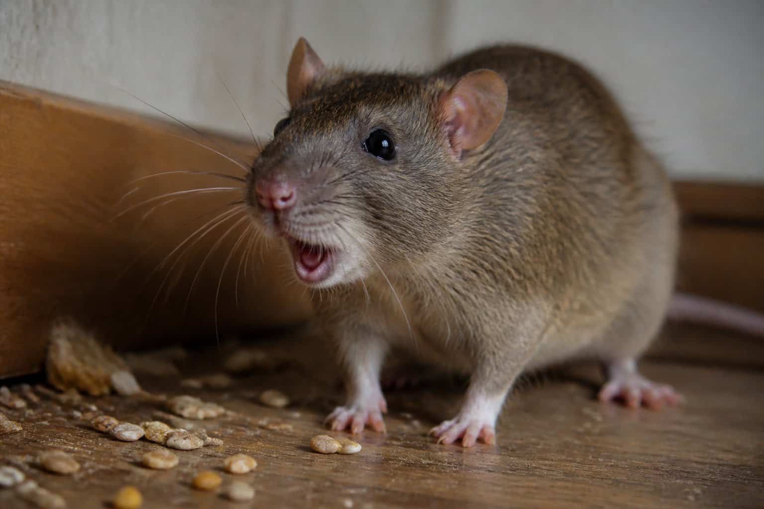 Close-up of a brown rat on a wooden floor near a corner, appearing to make a sound.