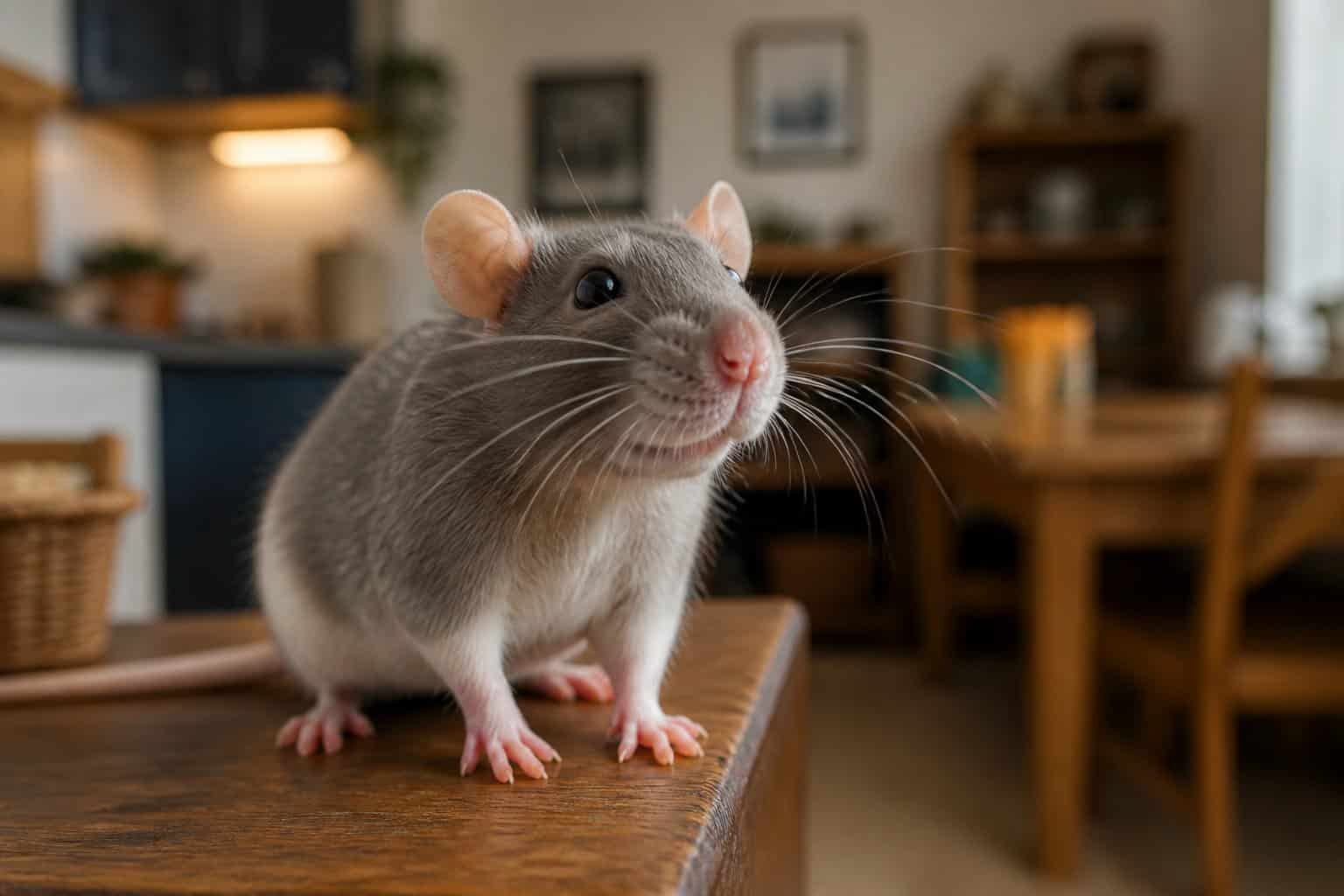 A small rat sitting on a wooden surface inside a home, looking alert with its ears perked up.