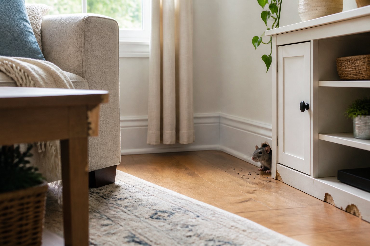 A quiet living room with a small rat near the baseboard and signs of gnawed wood and droppings.