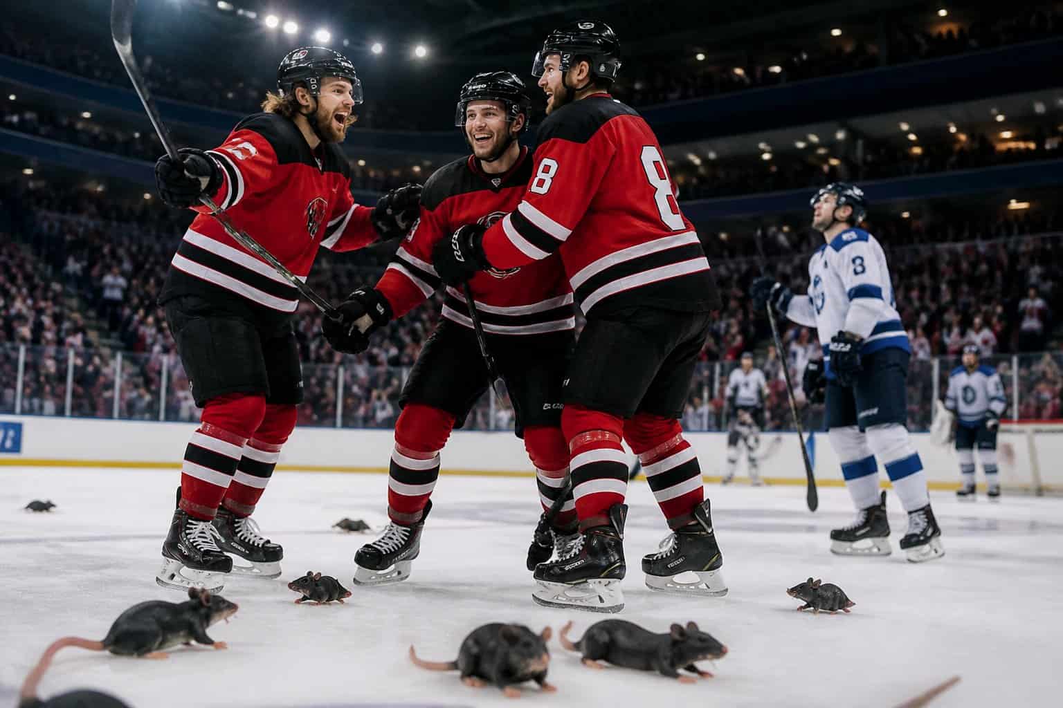 Hockey players celebrating on the ice with small rubber rats scattered around their skates during a game.