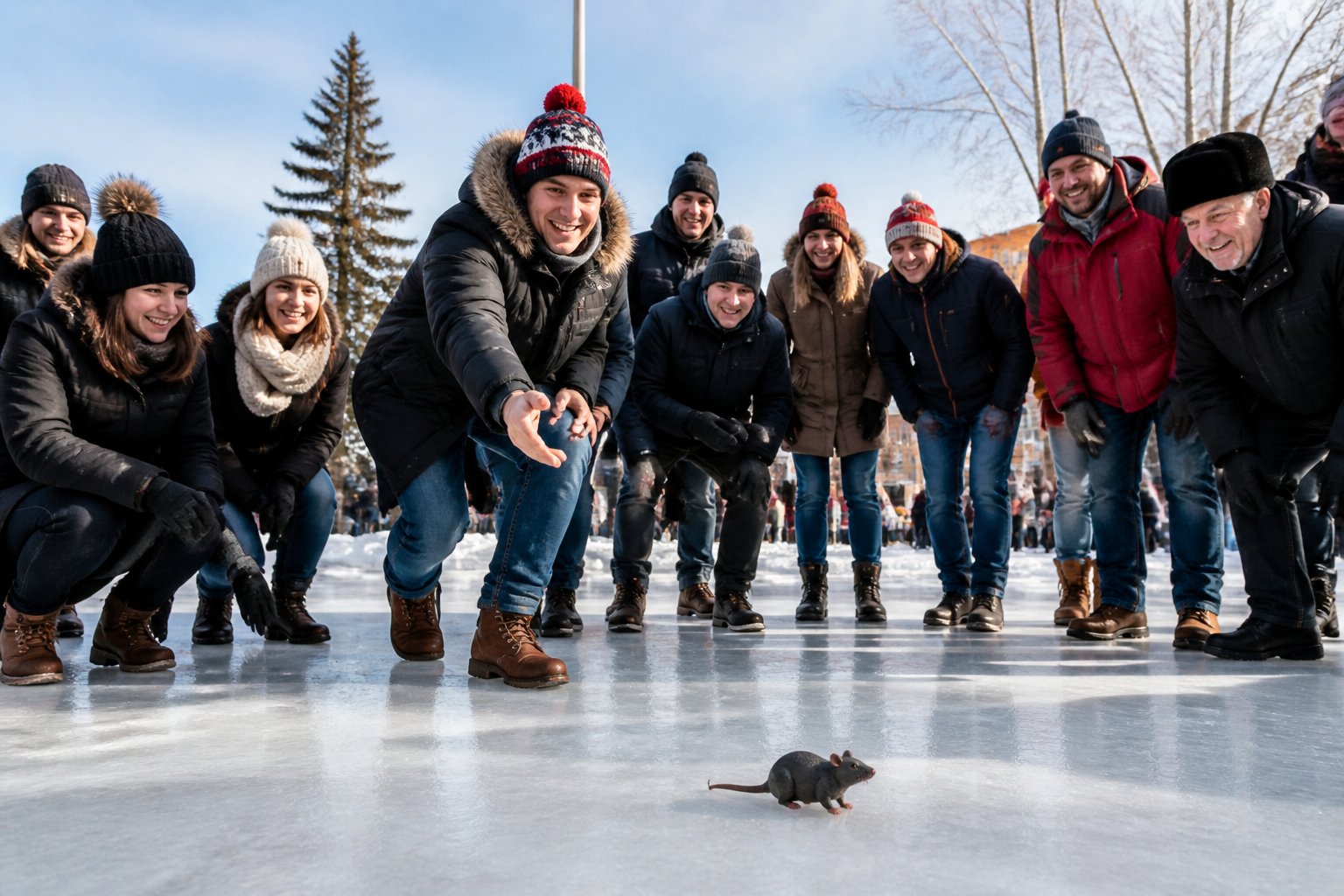 People dressed in winter clothes gathered around an ice rink, one person throwing a small rat figurine onto the ice during a winter tradition.