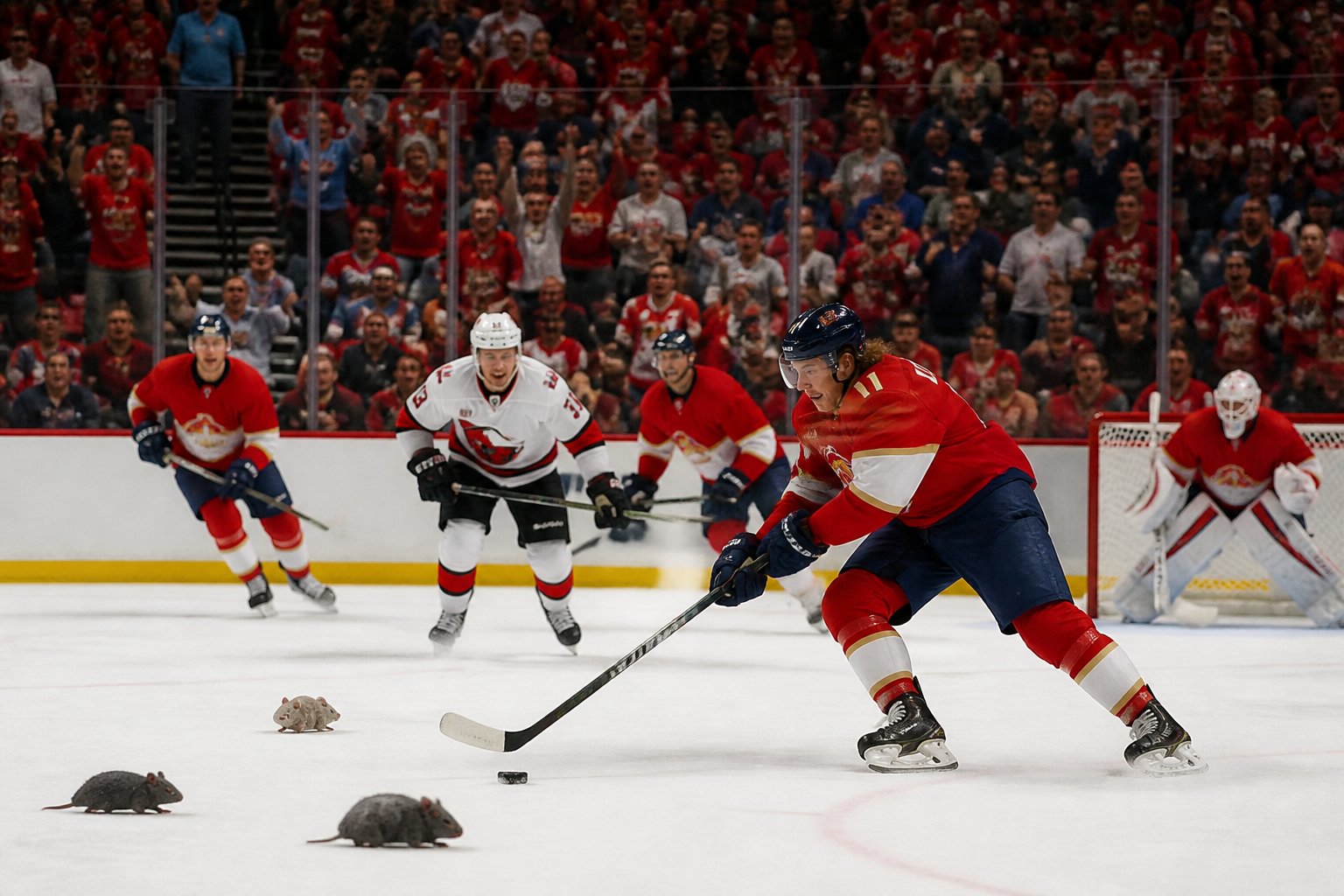 Ice hockey players in action on the rink with fans cheering in the stands and small rat toys scattered on the ice.