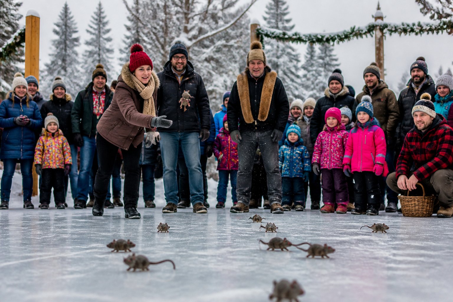 People dressed in winter clothes throwing small rat-shaped objects onto an ice rink during a traditional outdoor event.