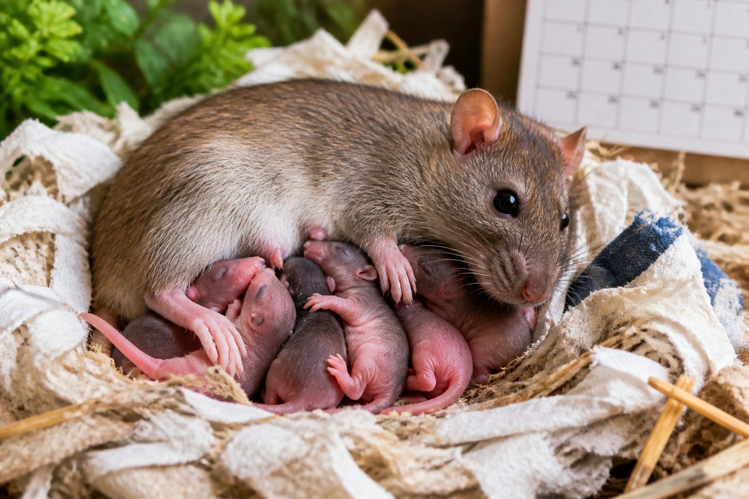 A mother rat nursing her newborn pups in a cozy nest surrounded by natural materials.