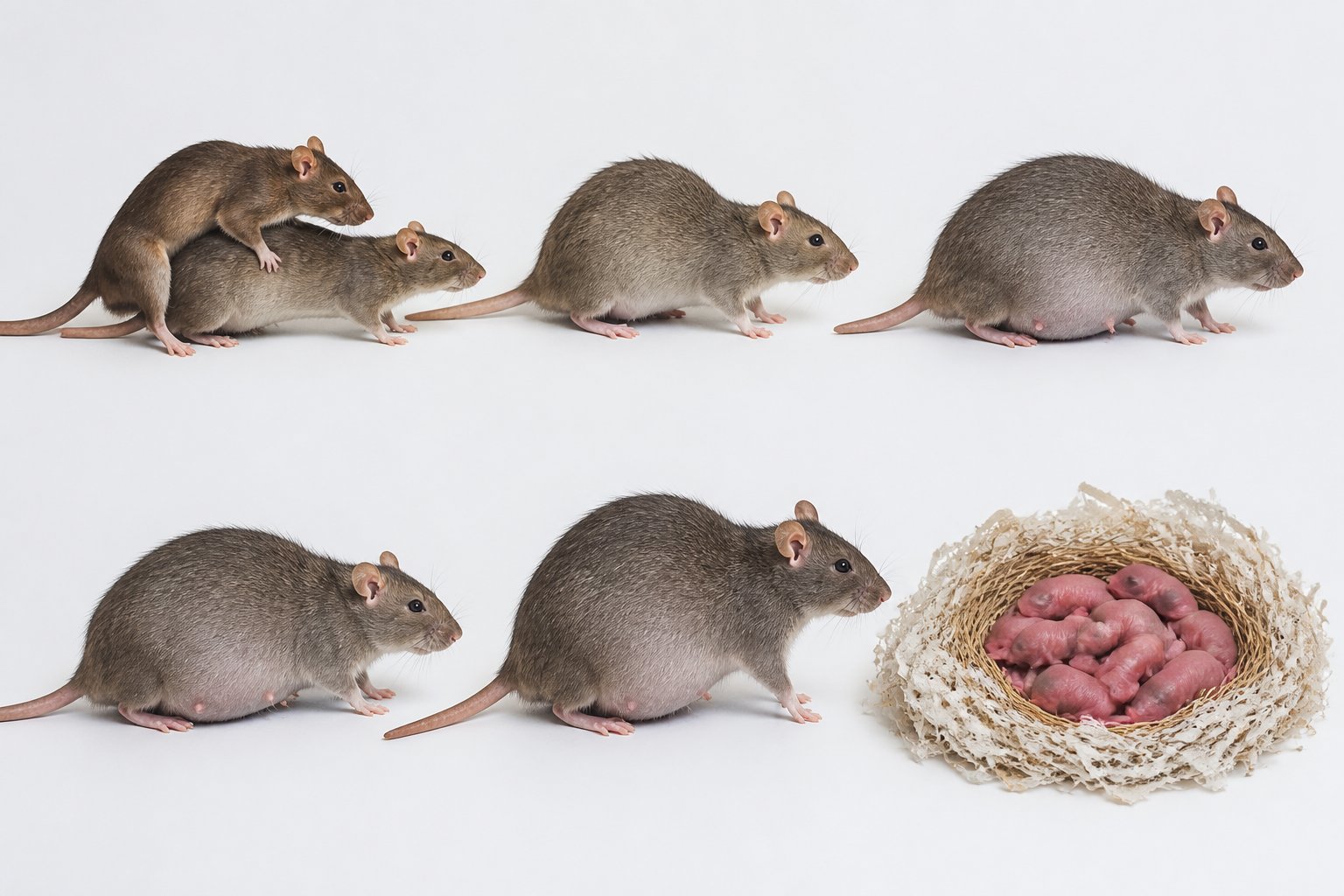 A sequence of rats showing mating, pregnancy, and newborn pups in a clean, neutral setting.