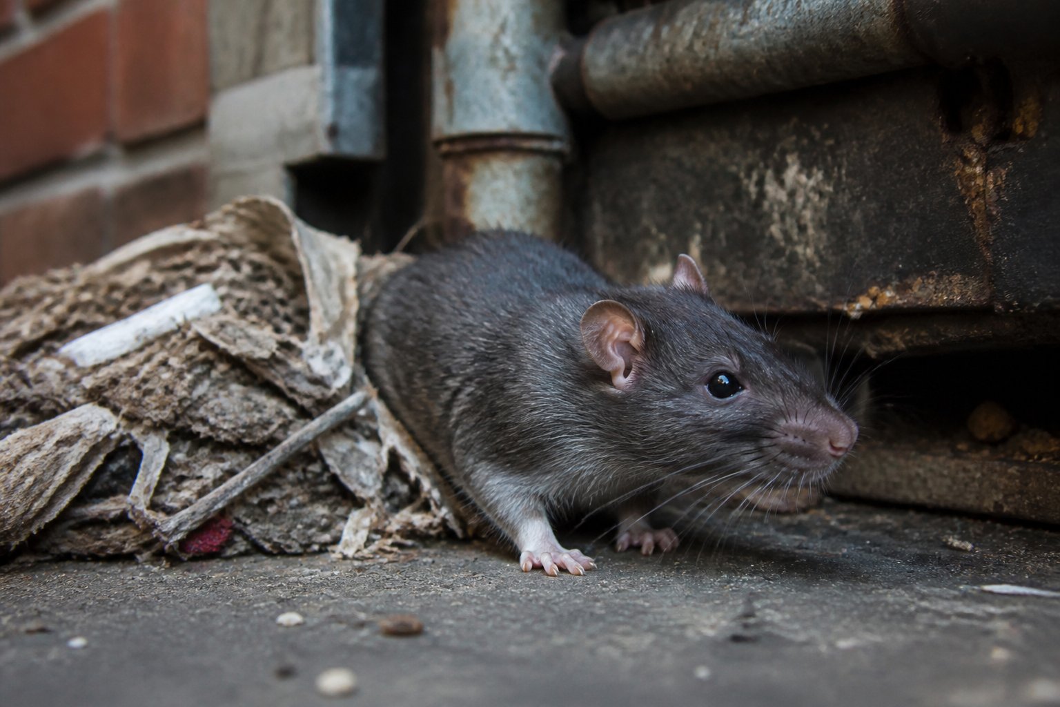 A close-up of a rat in an urban alley near a nest made of shredded materials with blurred city elements in the background.
