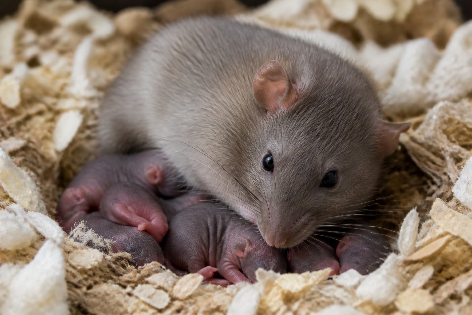 A mother rat with a small litter of newborn pups resting together in a soft nest.