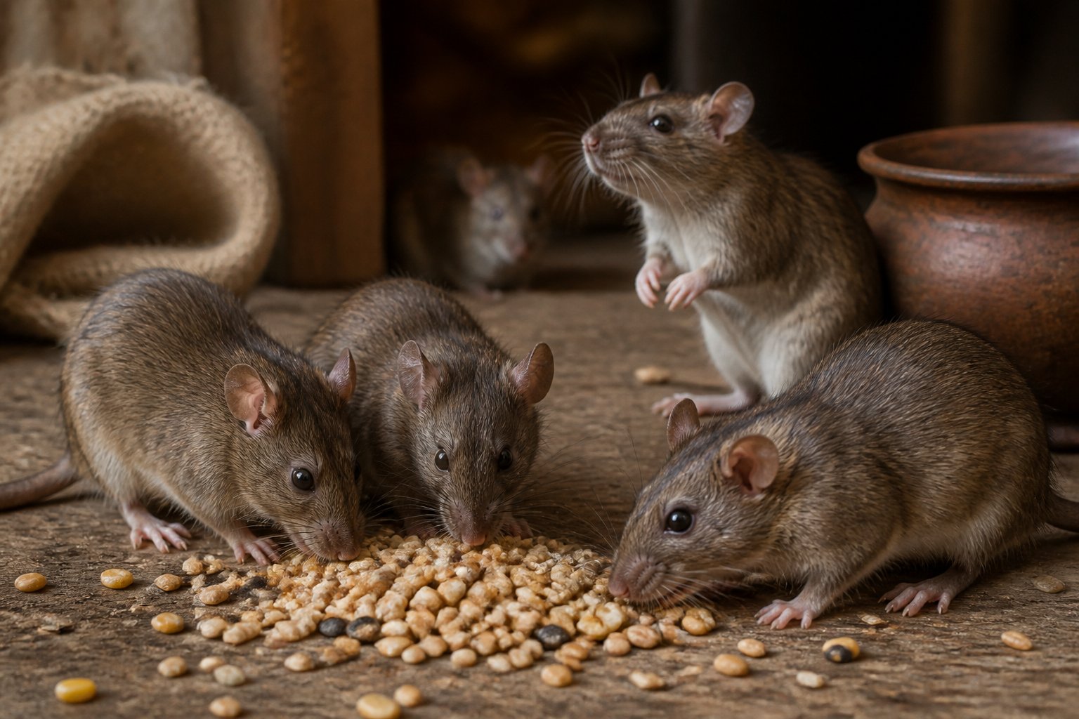 Several rats feeding on grains in a cozy indoor setting with wooden surfaces.