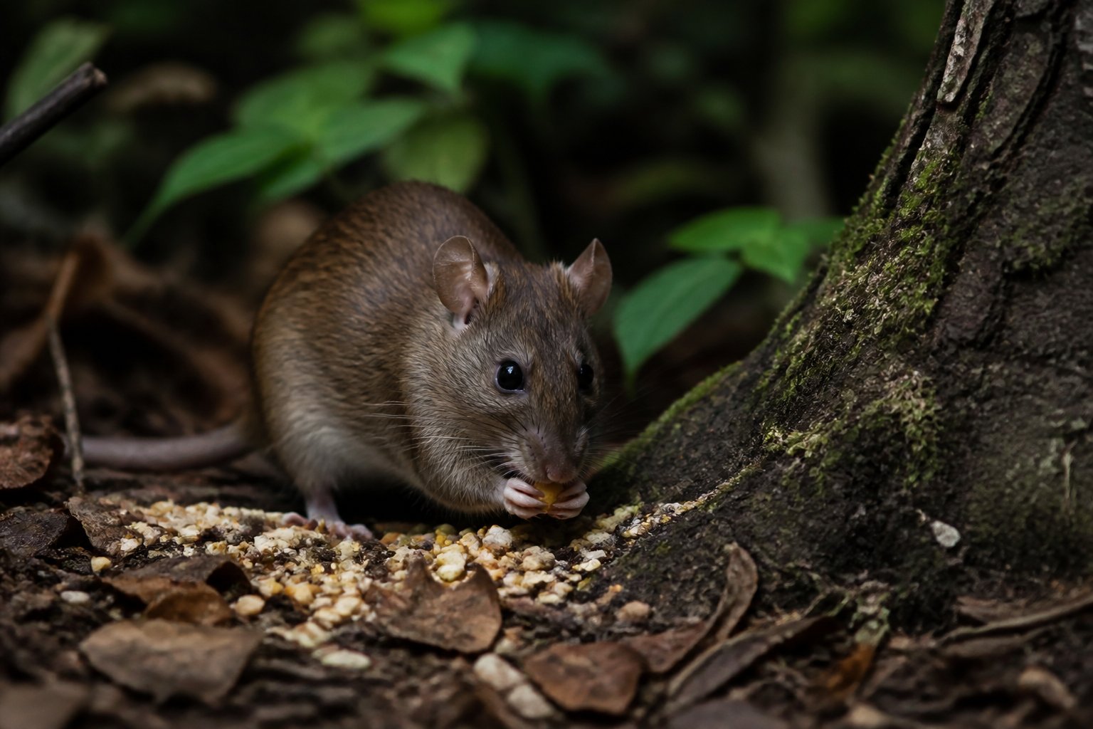 A wild rat feeding on the ground in a forested area during twilight surrounded by leaves and plants.