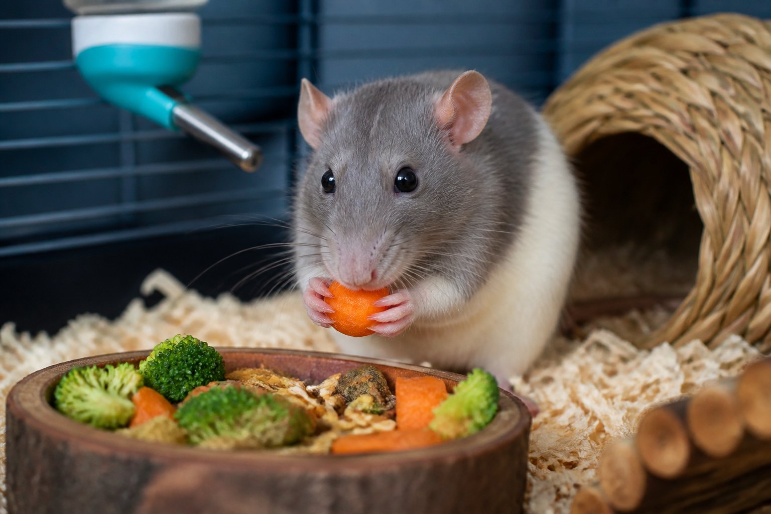 A pet rat eating fresh vegetables and pellets in its cage during feeding time.