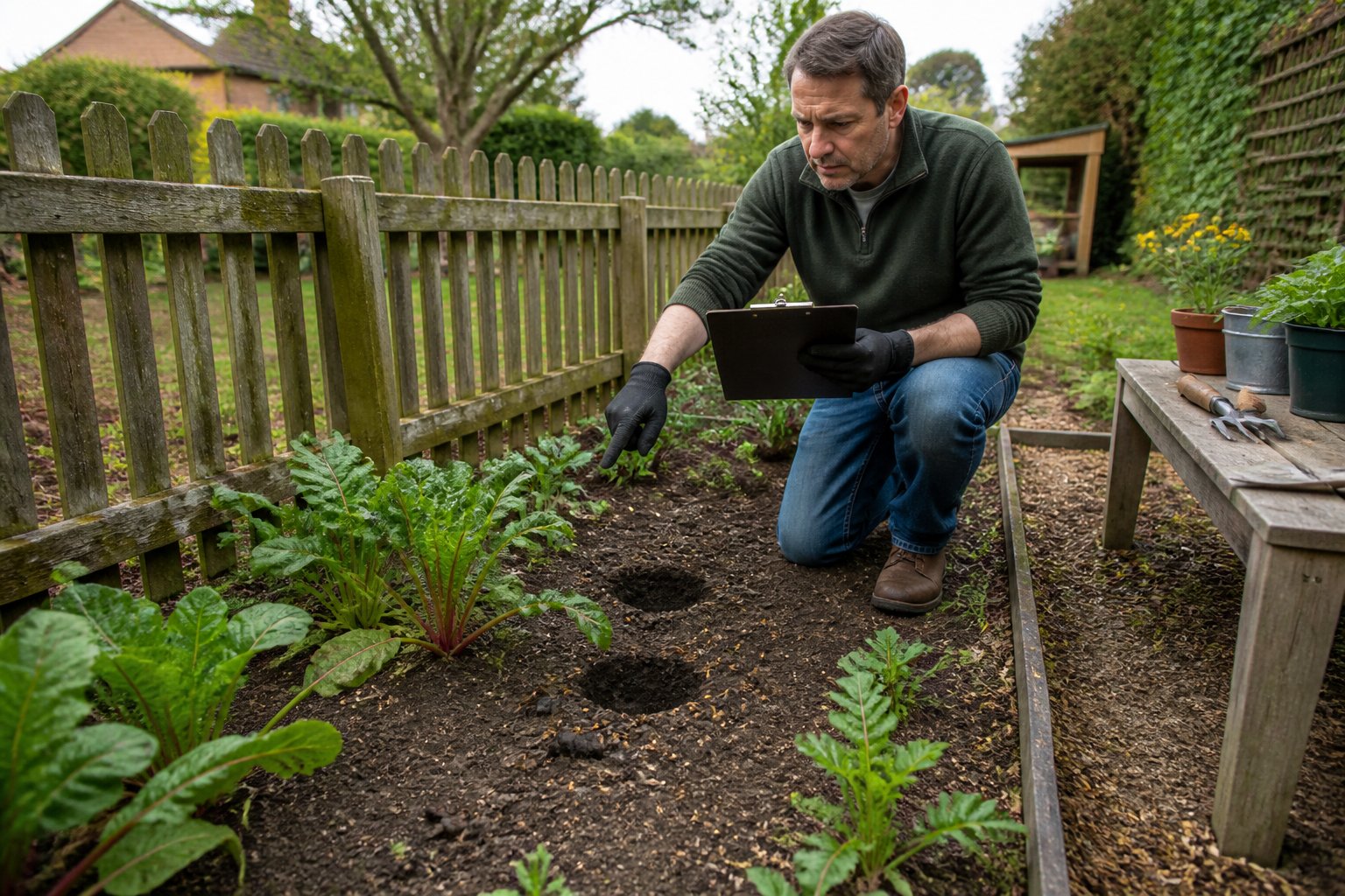 A person inspecting a garden with visible signs of a rat infestation, including disturbed soil and droppings near plants.