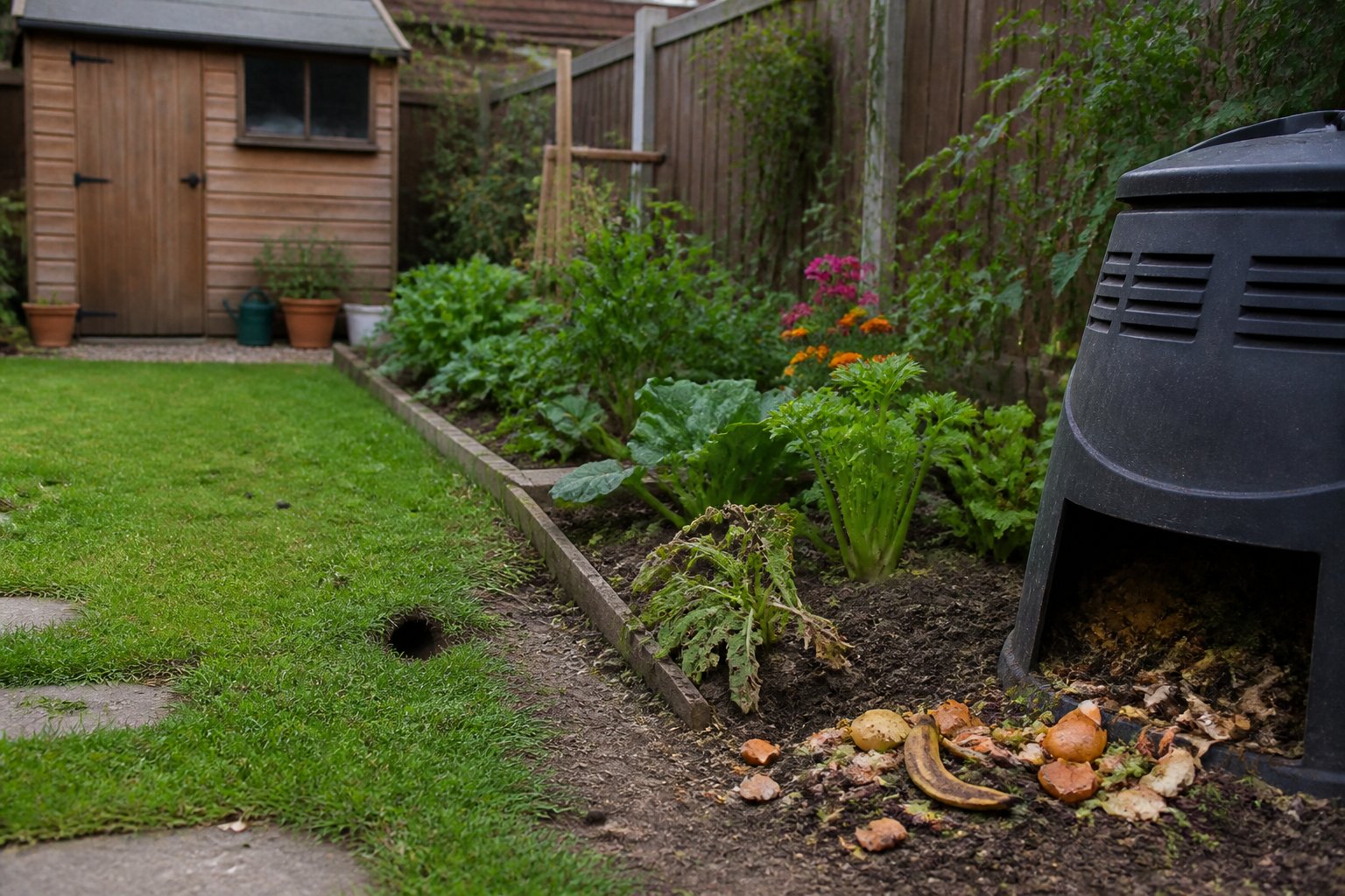 A suburban garden with plants, a compost bin, and signs of rat activity like small holes and gnawed plants.
