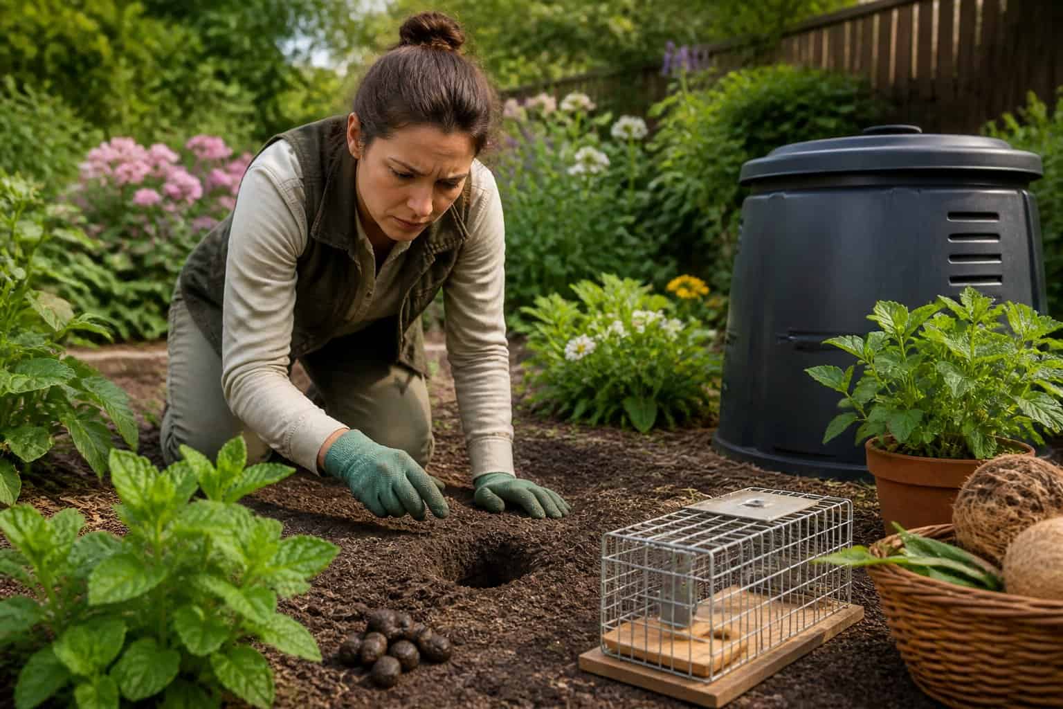 A gardener wearing gloves inspects a garden with signs of rats, surrounded by plants and humane rat control tools.