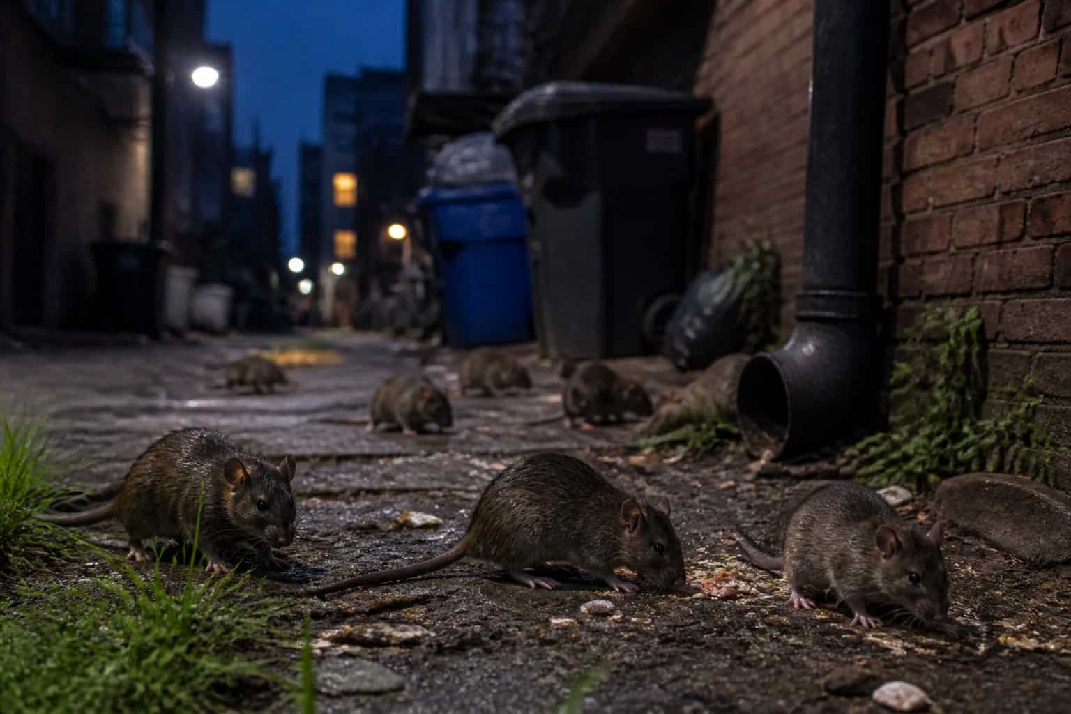 Rats moving around in a dimly lit urban alley at twilight near trash bins and brick walls.