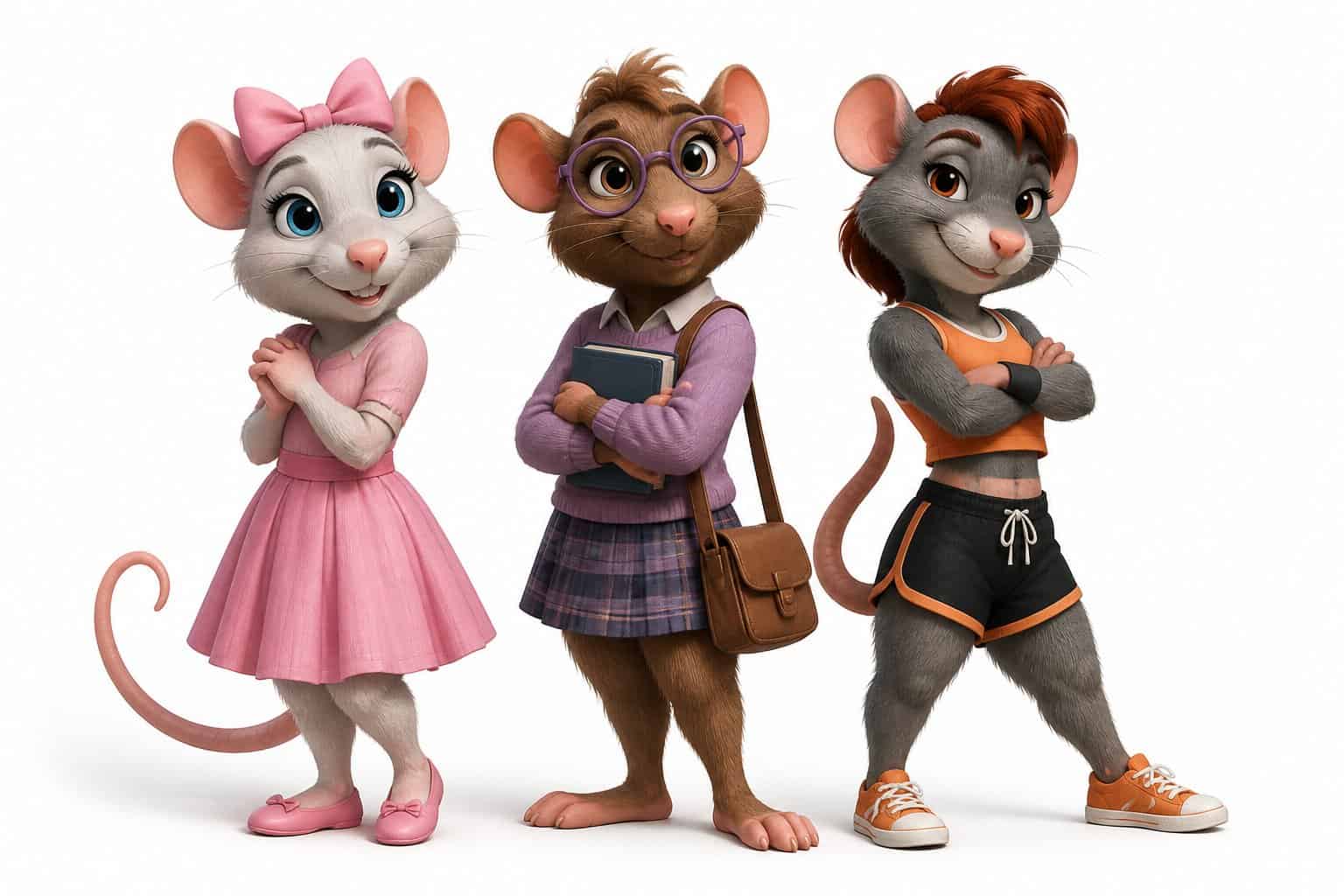 Three female anthropomorphic rat characters standing together in a bright studio setting, each with unique clothing and expressions.