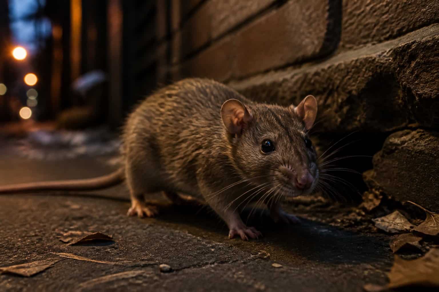 A rat moving actively on a dimly lit urban street during dusk or early evening.