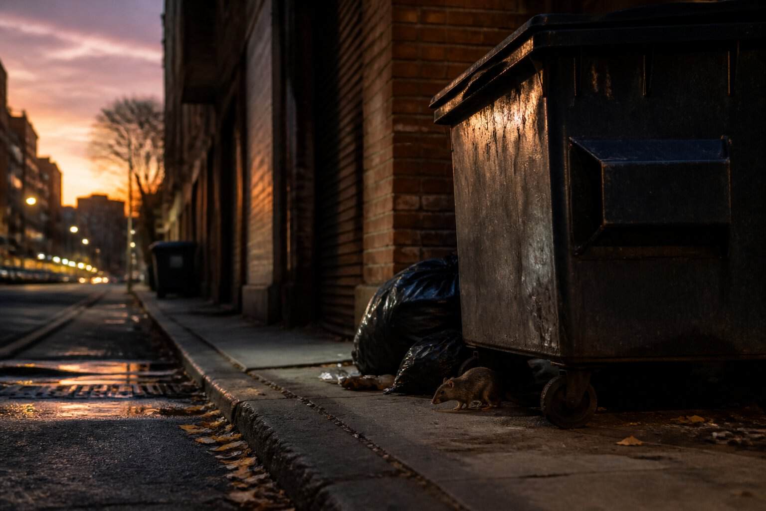 An empty urban alleyway at dawn with faint shadows of a rat near garbage bins, indicating early activity.