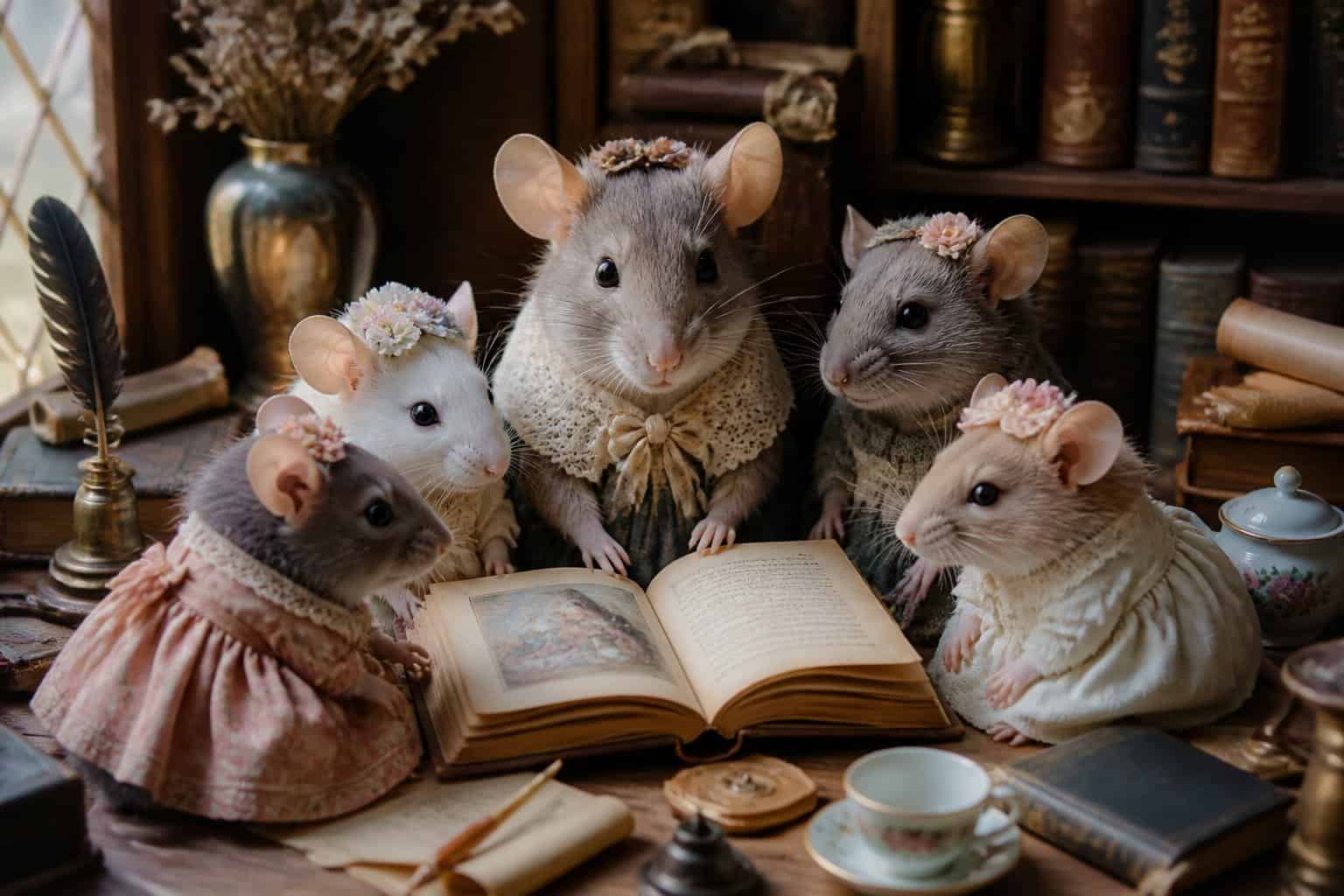 A group of female rats and mice gathered around a miniature storybook in a cozy, vintage study setting.