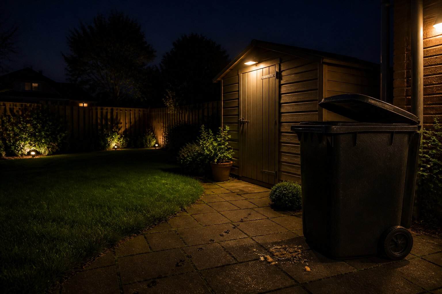 A suburban backyard at night with faint rat footprints near a garden shed and an open garbage bin with scattered crumbs.