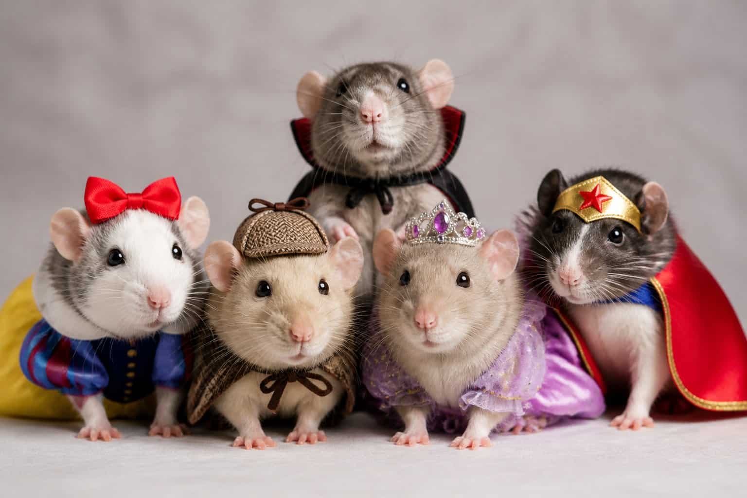 A group of small female rats wearing tiny accessories inspired by famous characters, posed together on a plain background.
