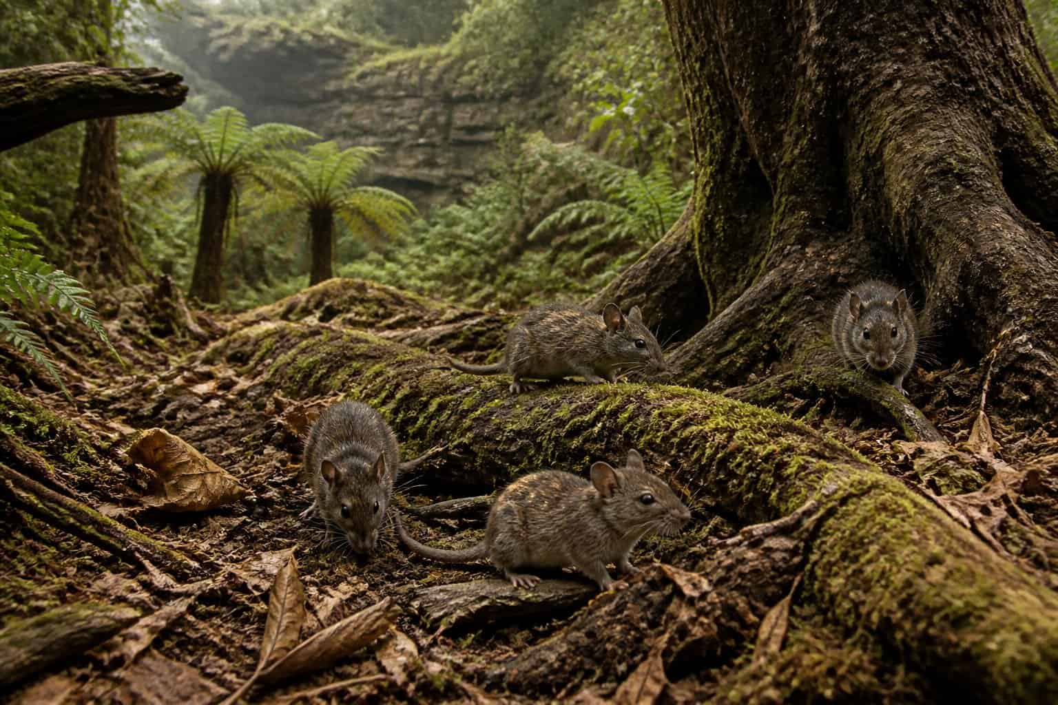 Small rats and mice foraging on a forest floor surrounded by trees and foliage.