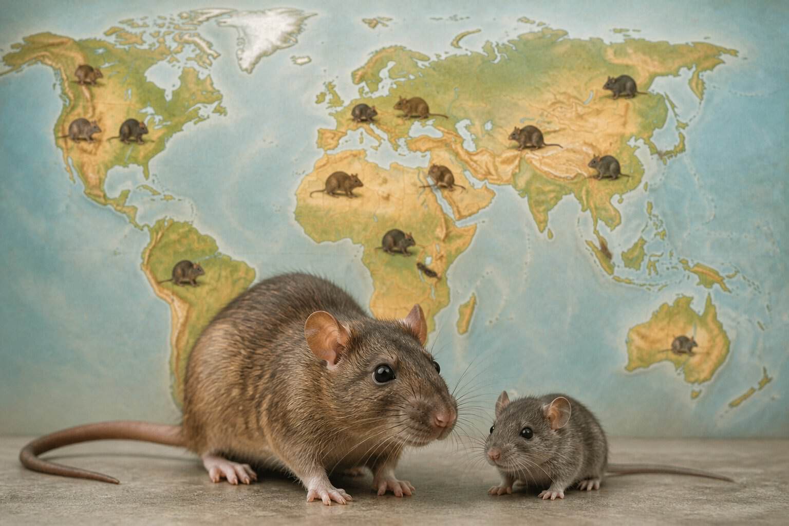 A close-up of a brown rat and a gray mouse in front of a world map showing their spread across different continents.