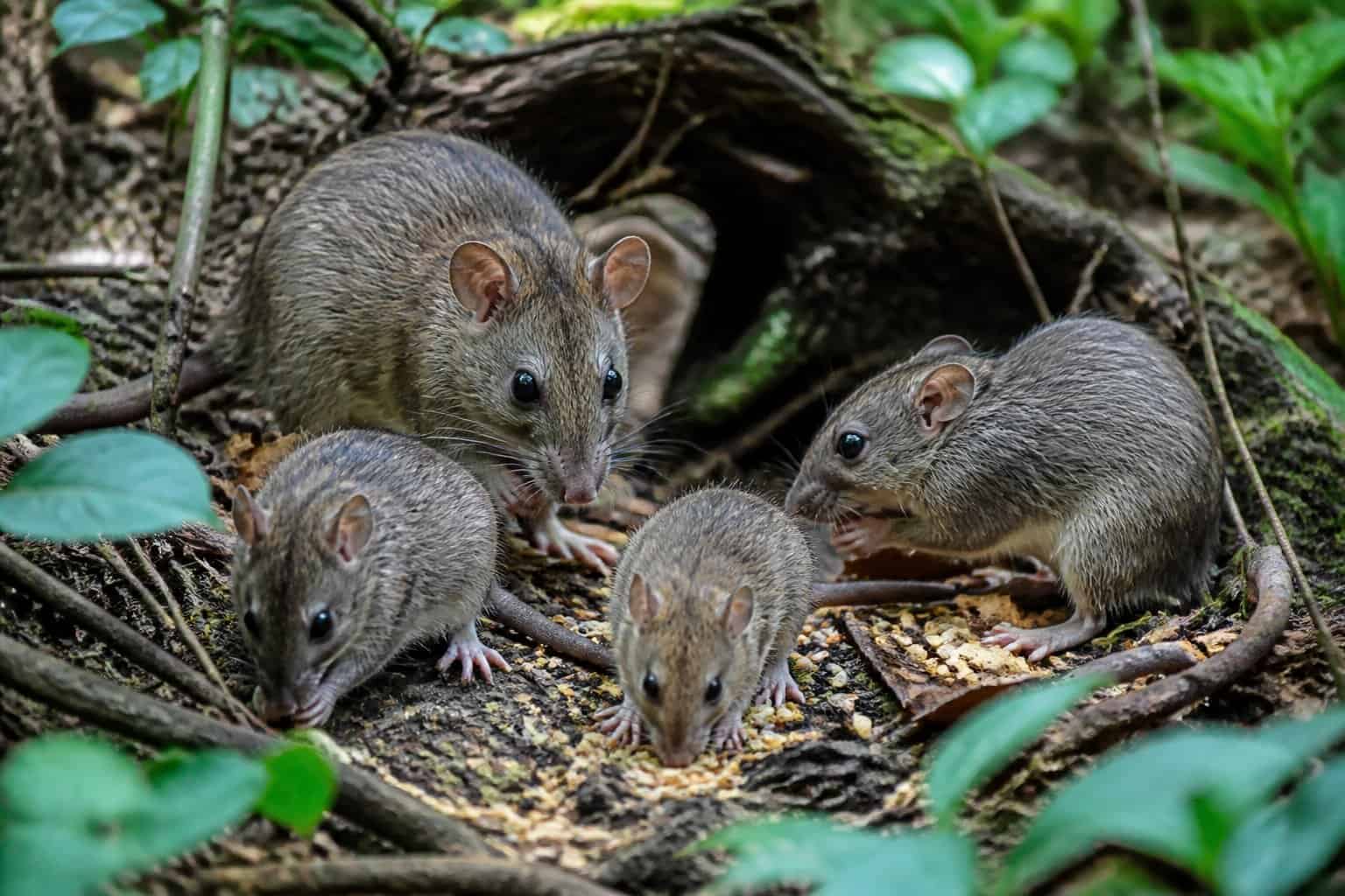 A close-up of wild rats and mice foraging on a forest floor with leaves and plants.