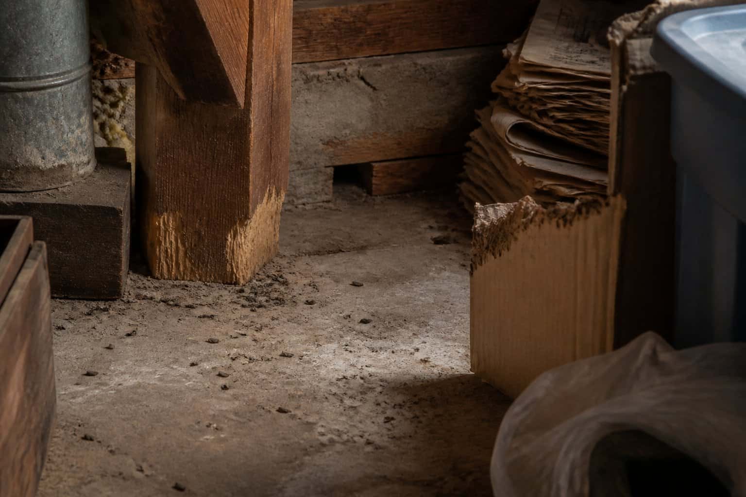 A corner of a basement showing small droppings, gnaw marks on boxes, and a hole in the wall, indicating signs of rats inside a home during winter.