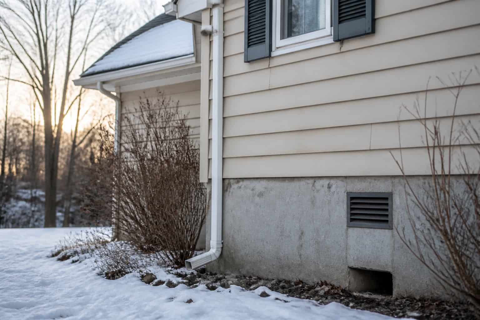 A snowy residential house exterior in winter showing possible rat entry points near the foundation and roof.