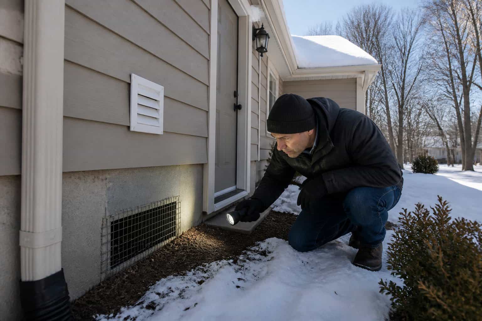A homeowner inspecting a snow-covered house exterior for rodent entry points during winter.