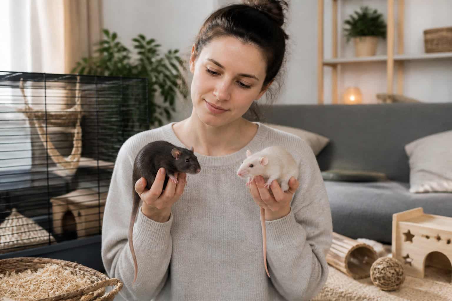 A person holding a male rat in one hand and a female rat in the other in a cozy living room setting with pet accessories nearby.