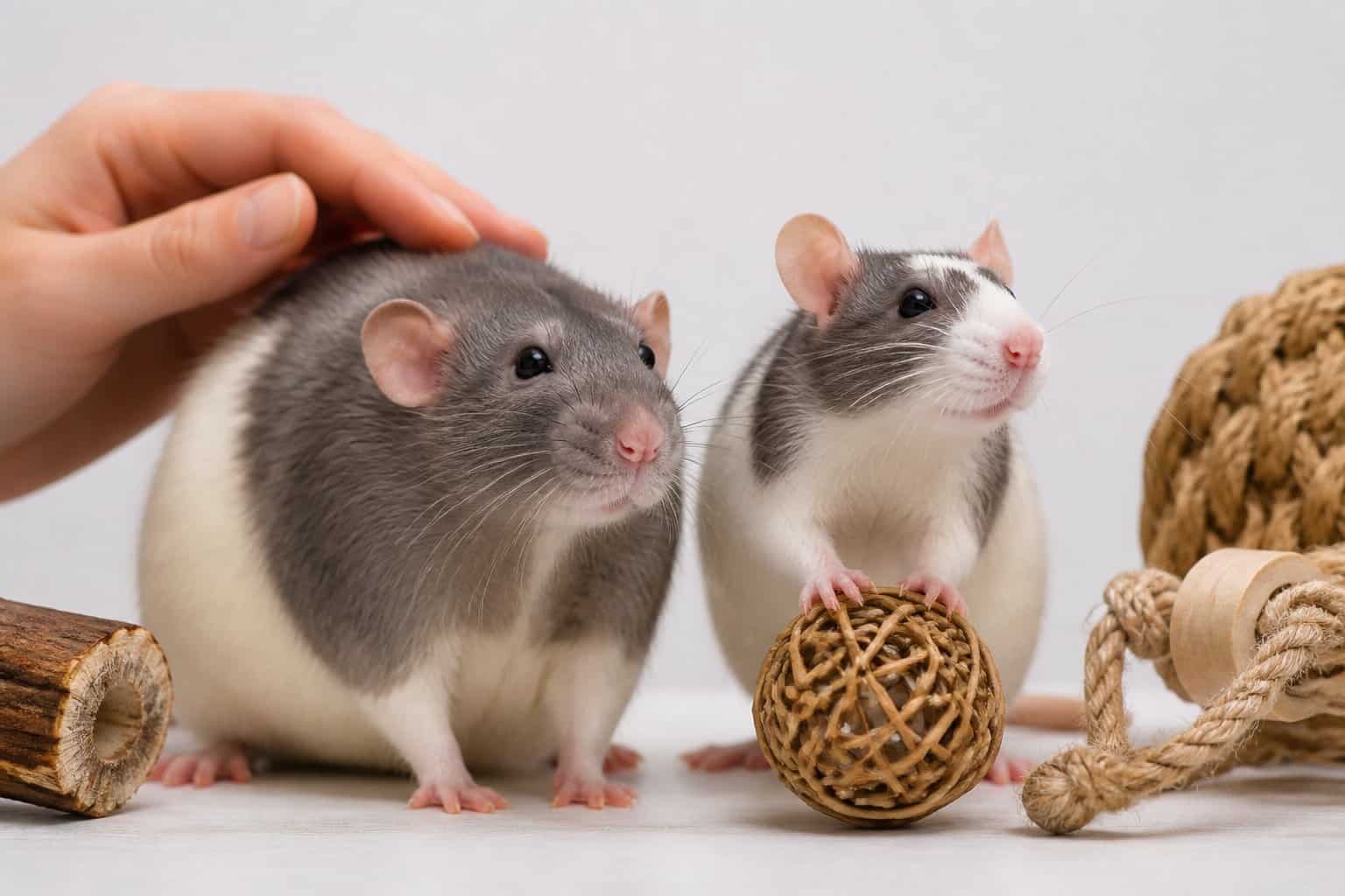 Two pet rats, one male and one female, side by side on a neutral background with a hand reaching out to one and a small toy nearby.