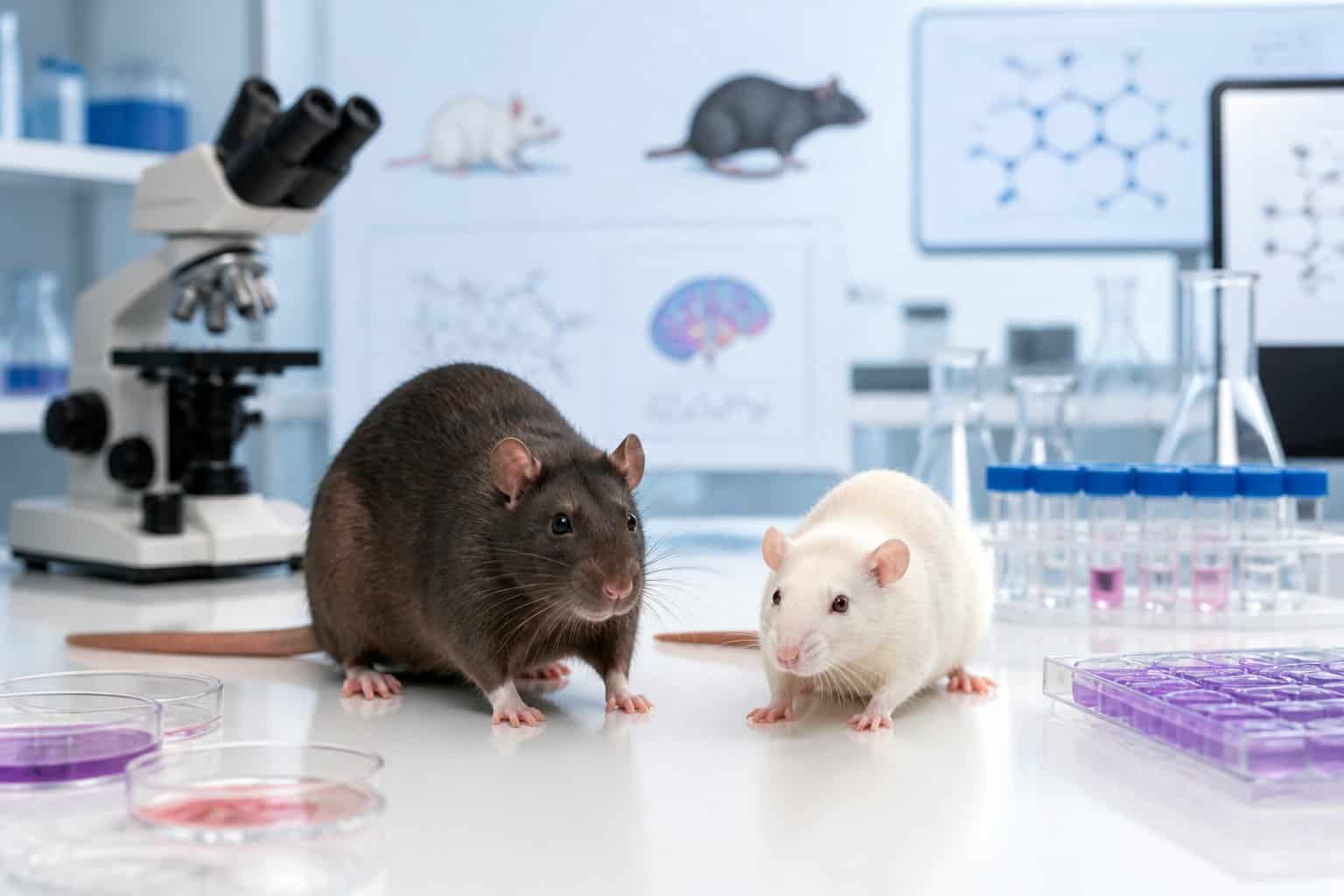 A male and female rat on a lab bench surrounded by scientific equipment in a research laboratory.