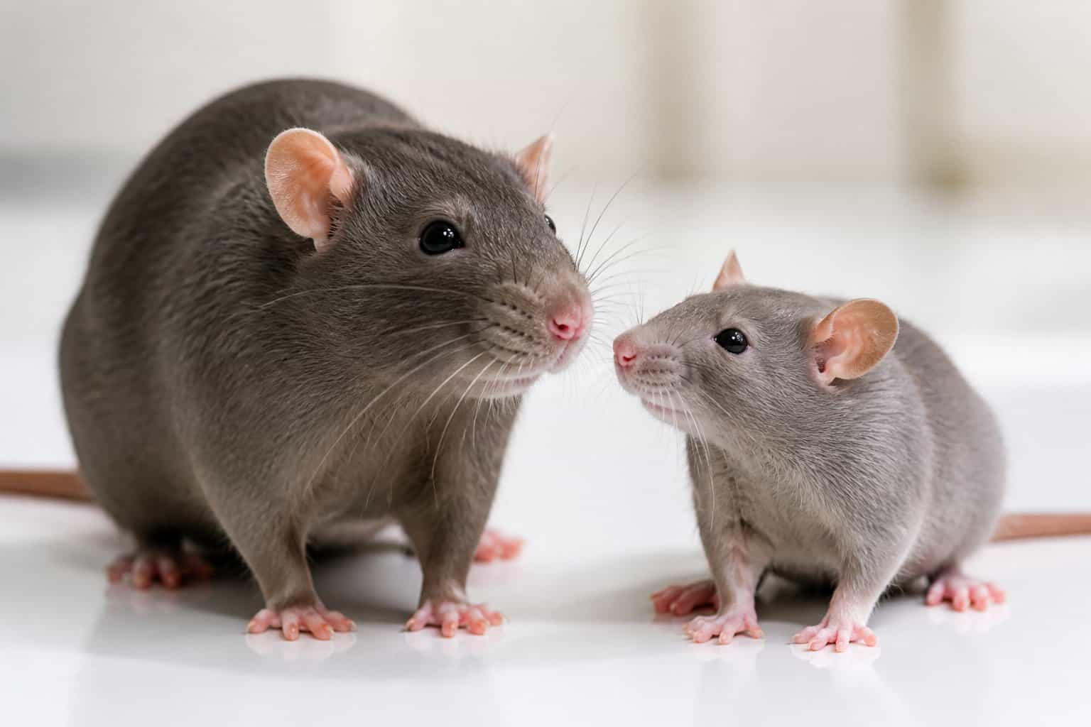 Two rats, one male and one female, sitting side by side on a white surface.