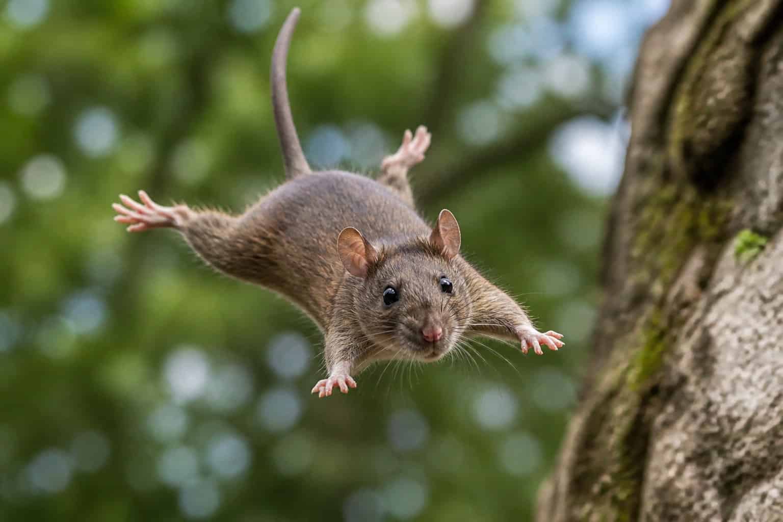 A brown rat falling through the air with outstretched limbs against a blurred natural background.