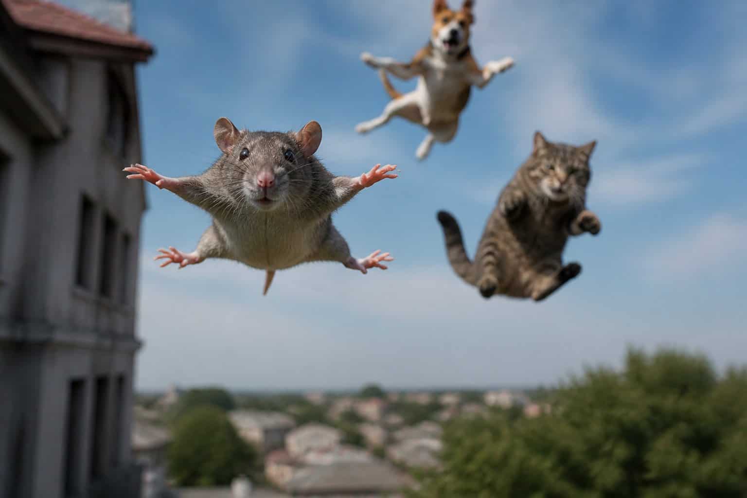 A small rat falling safely from a height with larger animals falling nearby in a natural outdoor setting.