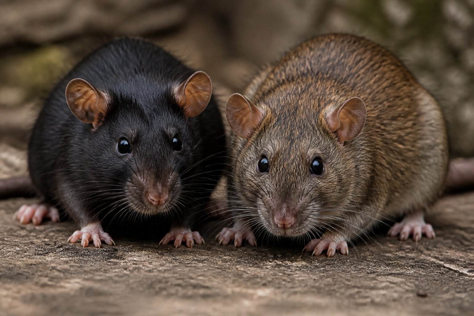 A close-up of a black rat and a brown rat side by side on a natural surface, showing their different fur colors and body shapes.