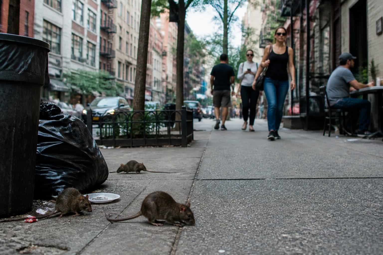 City street scene showing people walking near residential buildings with rats visible on the sidewalk and near trash bins.