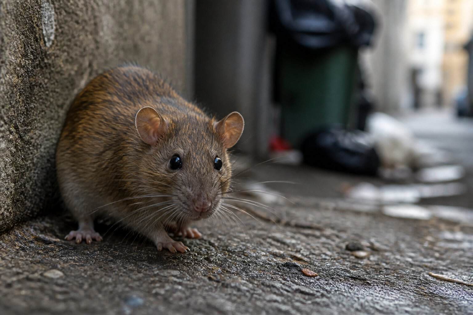A close-up of a brown rat near an urban area showing its proximity to human environments.