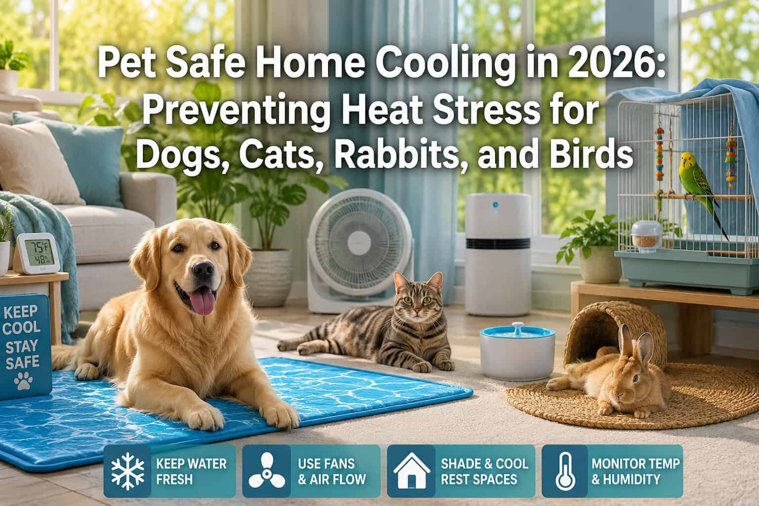 Pet Safe Home Cooling in 2026: Preventing Heat Stress for Dogs, Cats, Rabbits, and Birds
