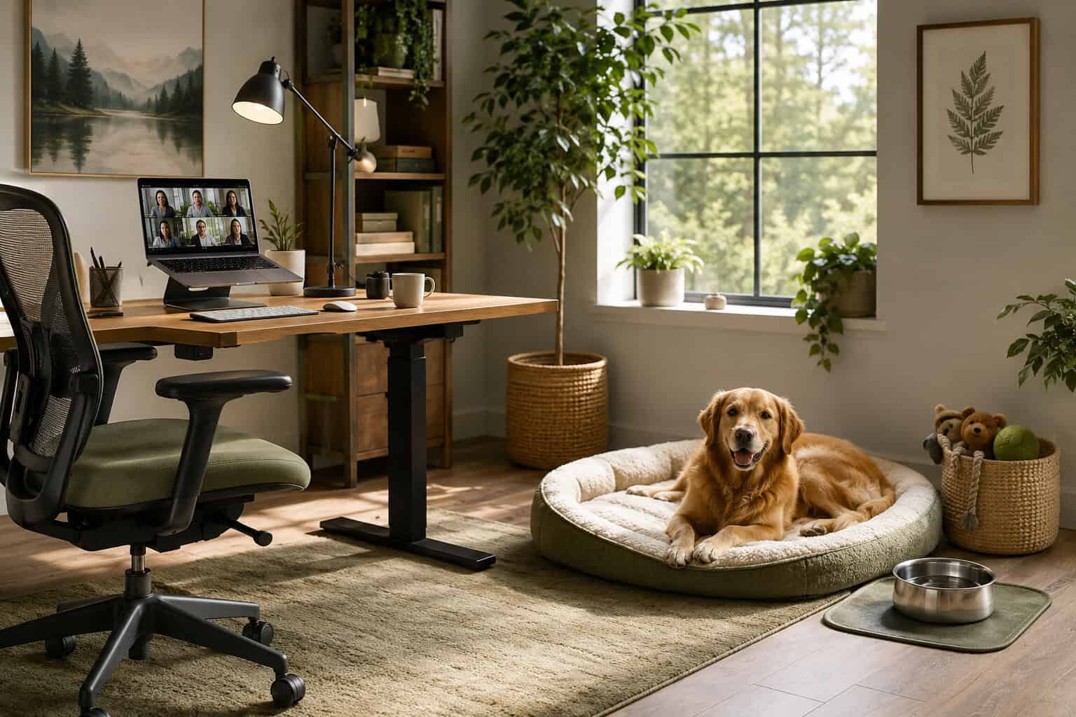 Professional () hero image showing a bright modern home office workspace with a golden retriever resting on a plush dog bed