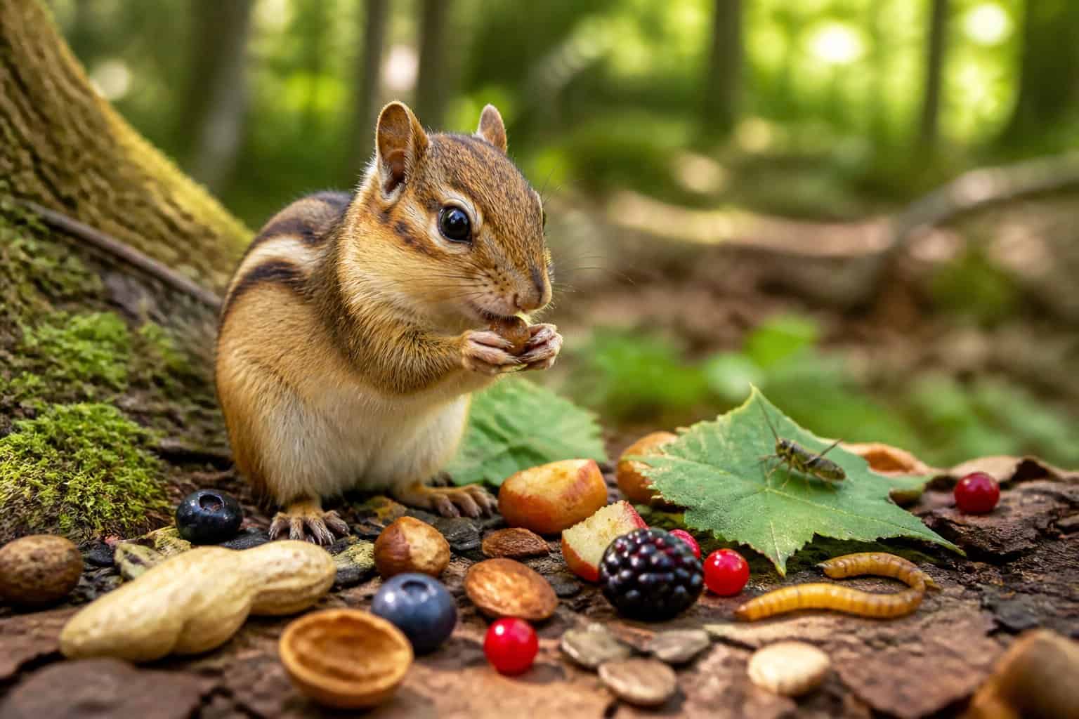 A chipmunk in a forest setting surrounded by nuts, berries, seeds, and small insects on the ground.