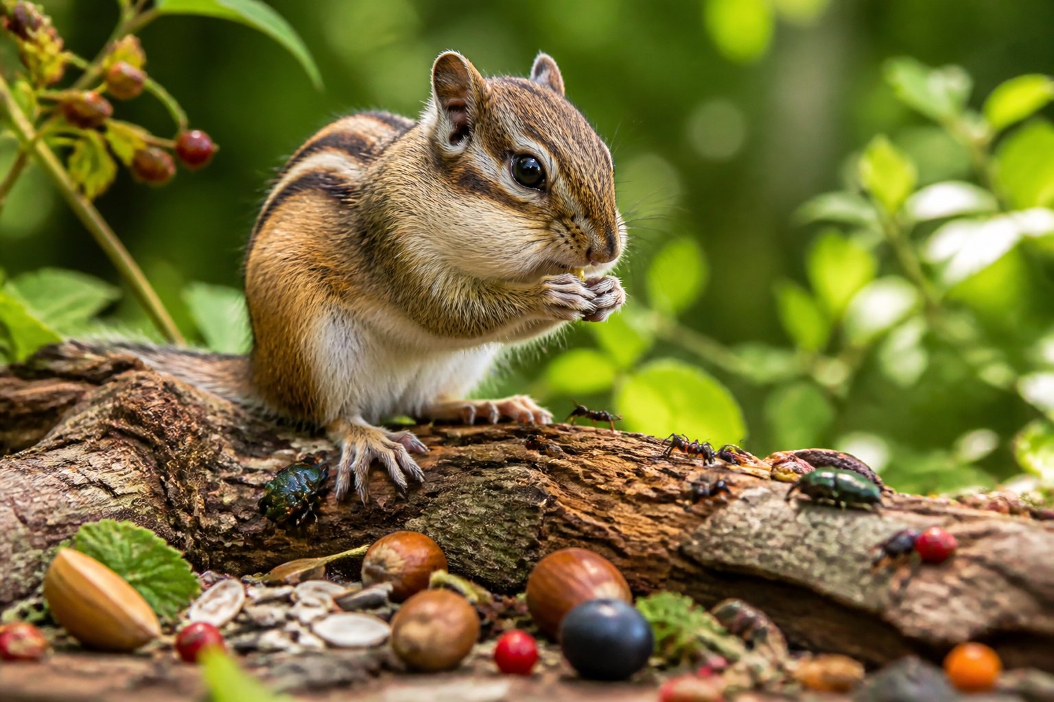 A chipmunk sitting on a tree branch surrounded by plants, nuts, berries, and small insects.