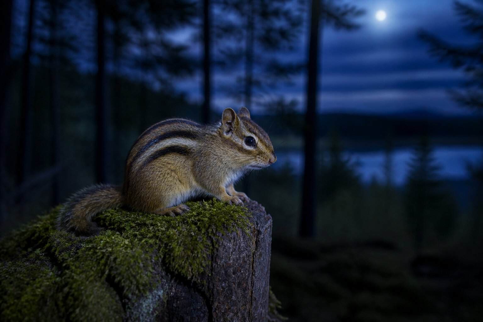 A chipmunk sitting on a rock in a forest at twilight with trees and moonlight in the background.